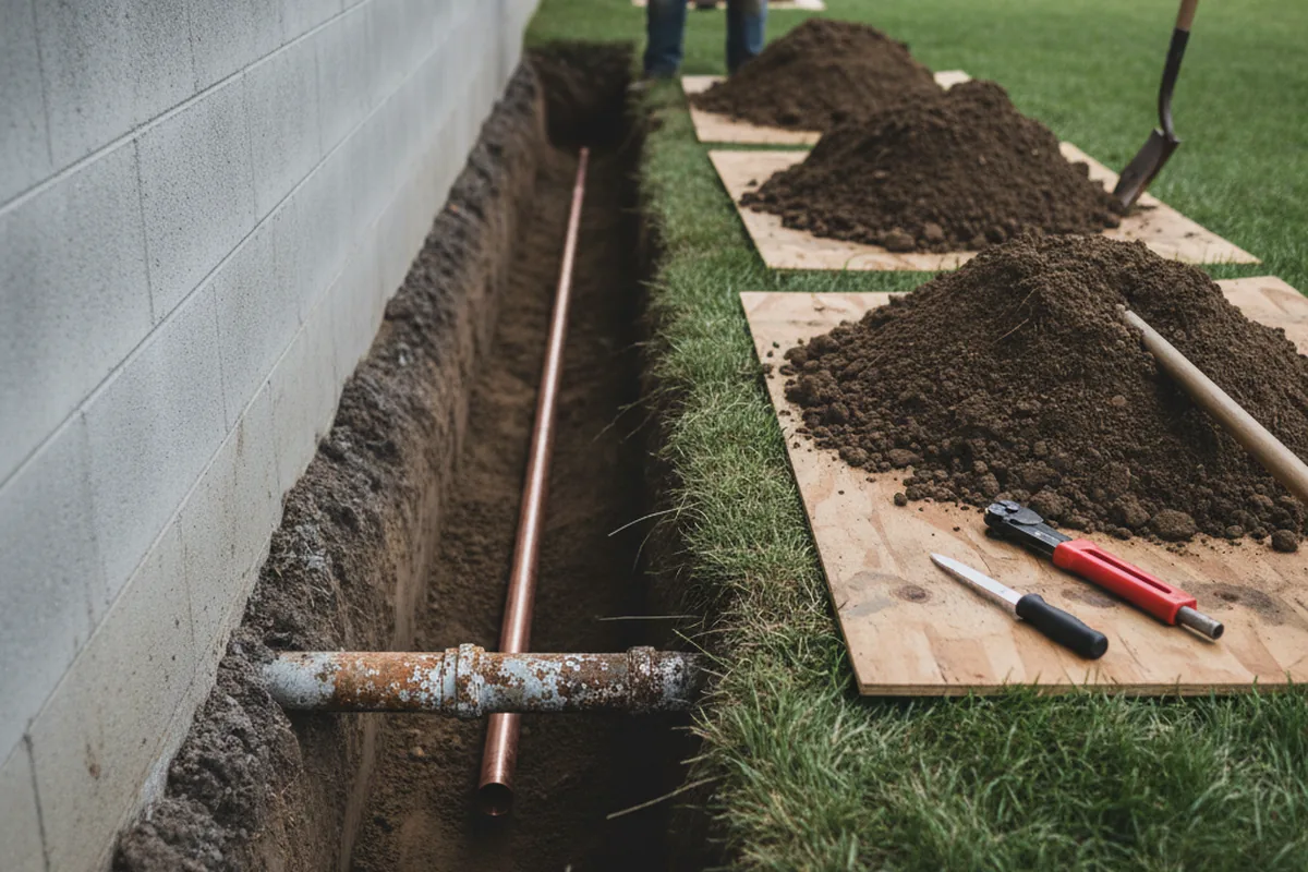 Excavated water line trench during Water Softener Installation in Dillon